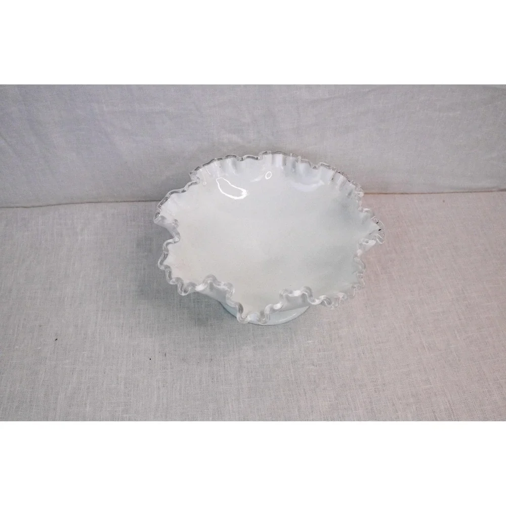 Vintage Silver Crest Double Ruffled Edge Pedestal Candy Bowl White Glass